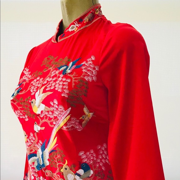 Heavily-EMBROIDERED Bird Theme CHINOISERIE Dress S - Picture 7 of 16